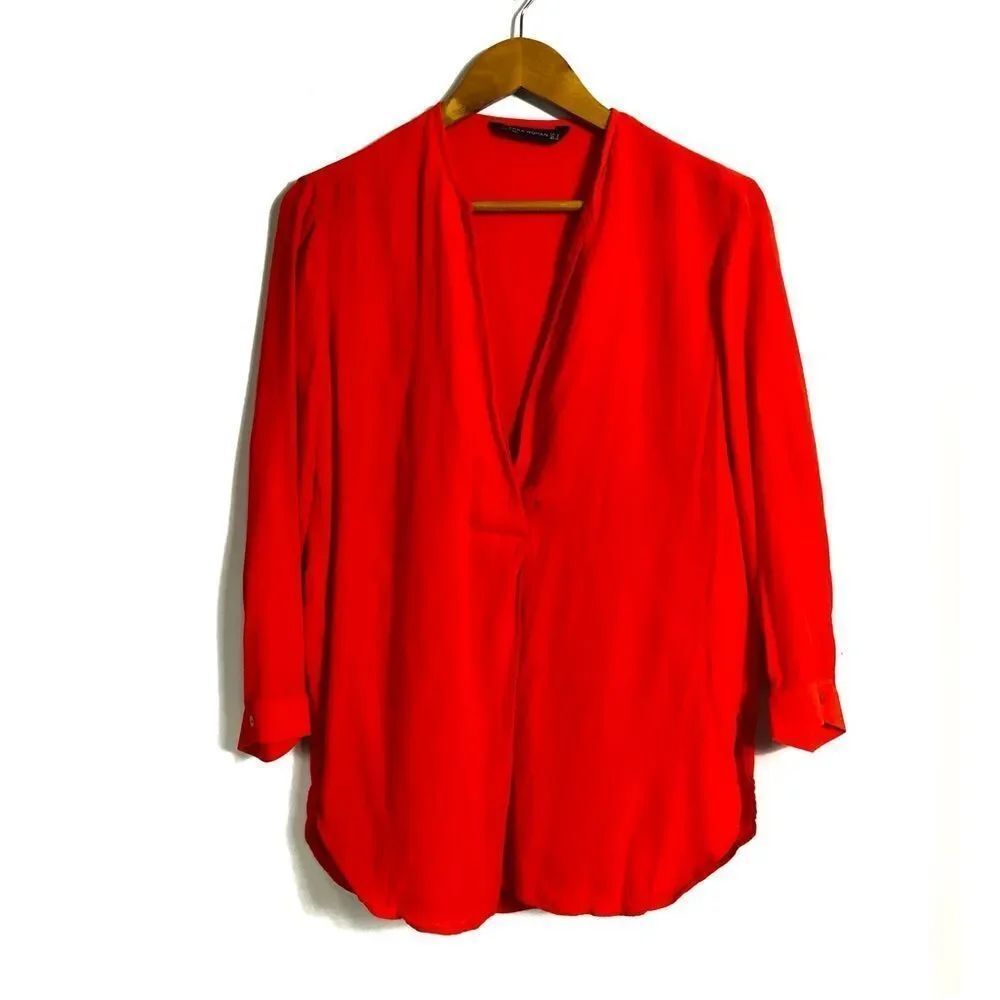 ZARA Red Orange 3/4 Sleeve V-neck Work Dressy Draped Blouse
